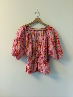 LOFT Pink Floral Puff-Sleeve Smocked Peplum Top